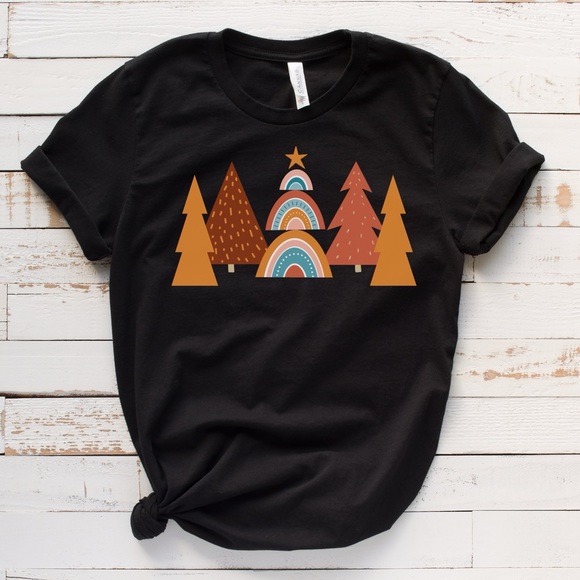 Boho Retro Rainbow Christmas Tree T-Shirt - Picture 3 of 6